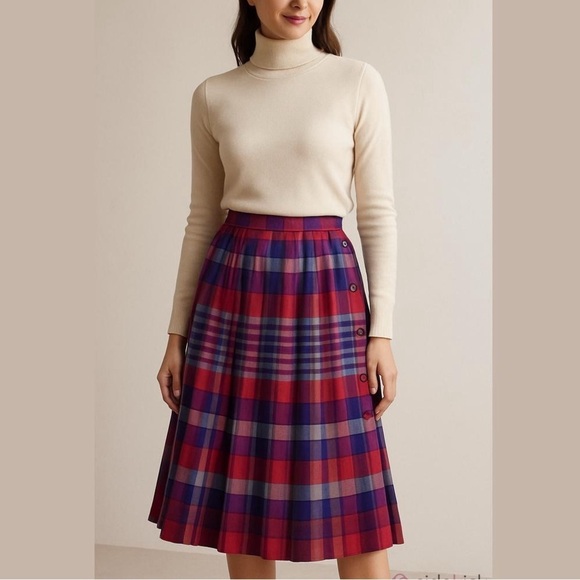 Vintage Dresses & Skirts - Vintage Wool Tartan Scottish Plaid Pleated Red and Purple Midi Skirt Sz S